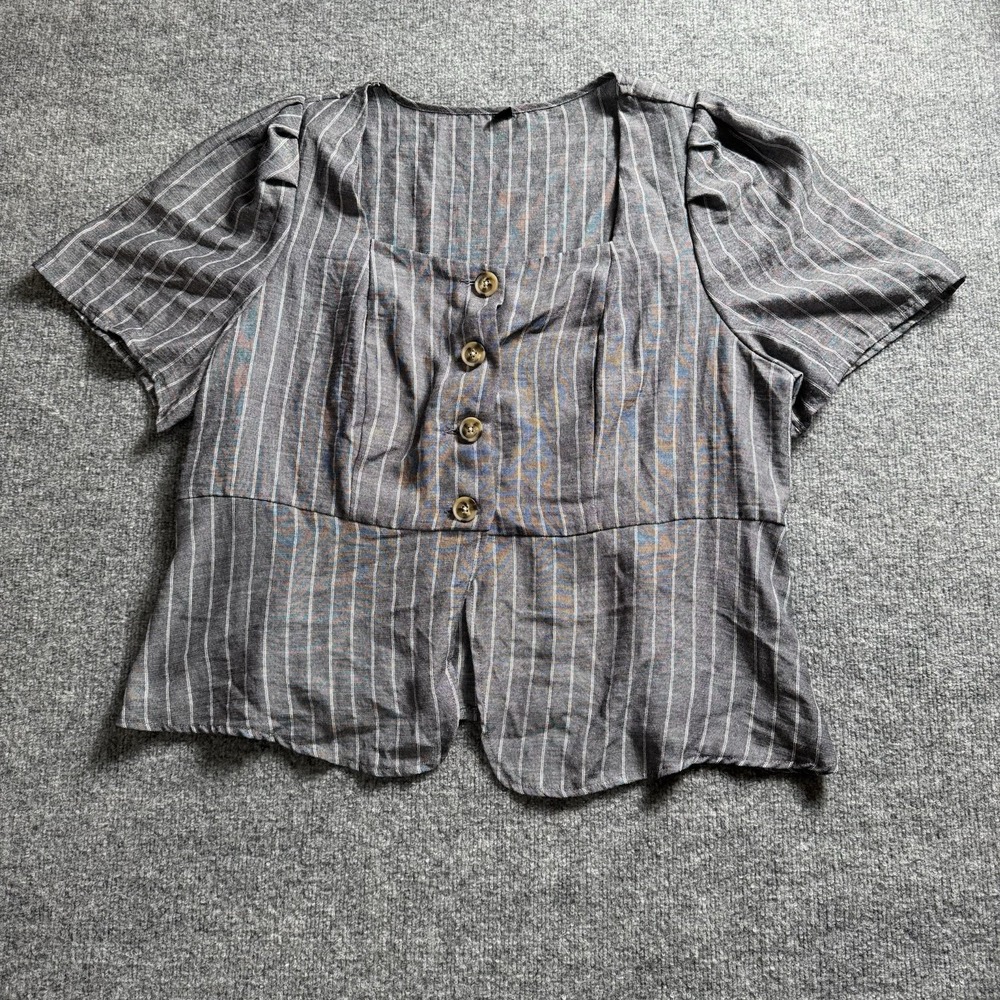 Grey Striped Square Neck Peplum Blouse Puff Sleeve Button Down Cottagecore Top4X